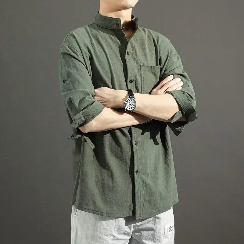 Summer 2024 Japanese casual loose collar cotton linen shirt mens onethird sleeve 250506Z