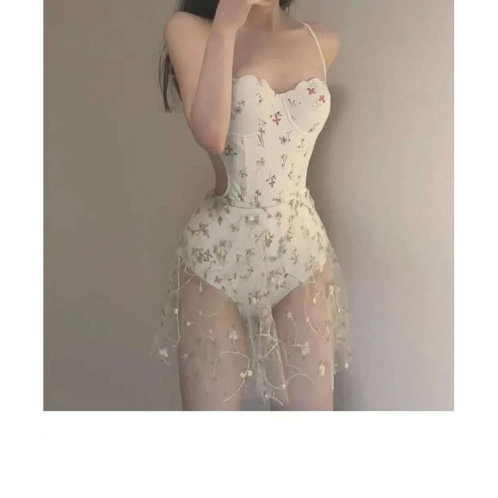 sexy Korean fashion floral print push up swimsuit two pieces with perspective mesh cover skirt bodysuits bikinis swimwear