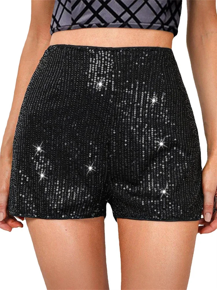 Women Sequin Shorts Elastic High Waist Sparkly Glitter Straight Short Pants Sexy Club Pants Summer Streetwear 250514