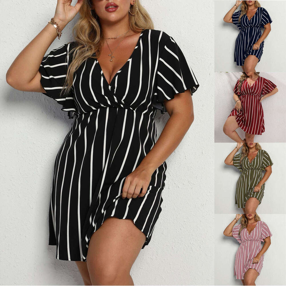 Plus Size Designer Dresses Womandress Womens Designer Clothing Robe Womens Oversized Striped V-neck Short Sleeved with A Loose Waist and Casual Bohemi