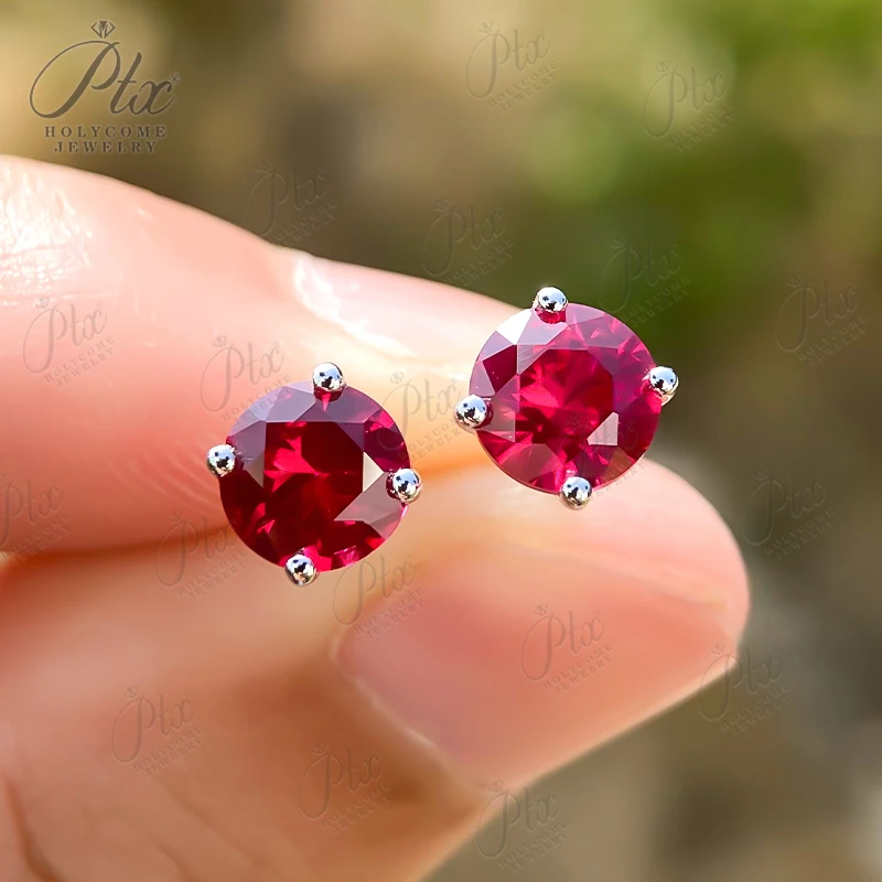 Four-prong Lab Grown Ruby Stud Earrings Sparkling 1CT Pigeon Red Earring for Women Men Real Gold Wedding Jewelry Anti Allergic