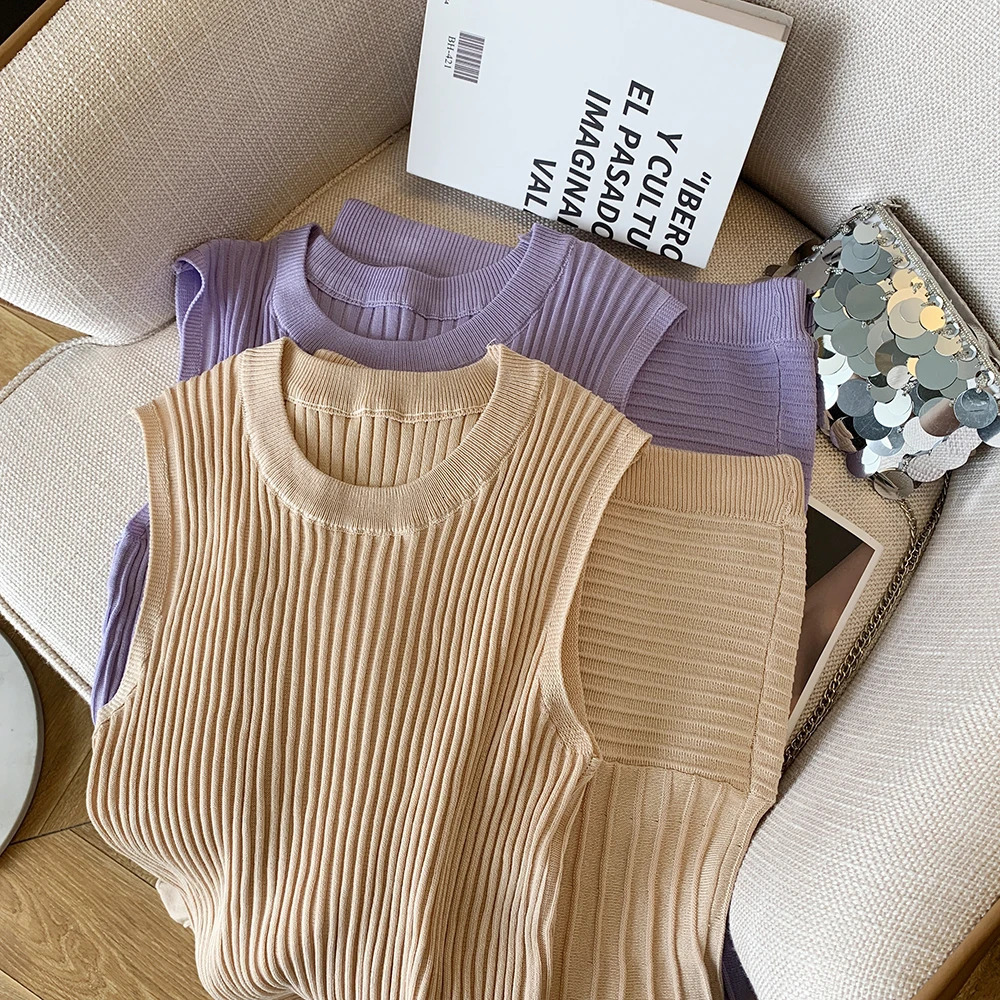 Womens Commute Comfortable Solid Knit Fishtail Skirt Suit Causal ONeck Sleeveless Top Elastic Waist 250515