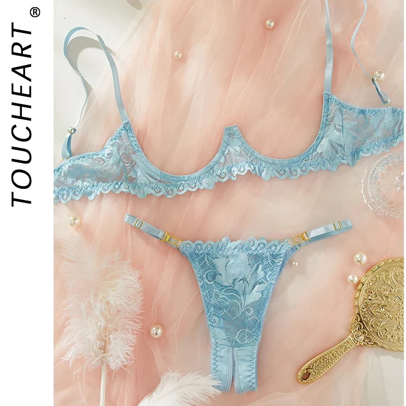 Toucheart Adult Sexy Lingerie Set Low-Cut Breast-Exposing Lace Embroidery See-Through Sexy Open-Back No-Removal Wear Underwear 250515