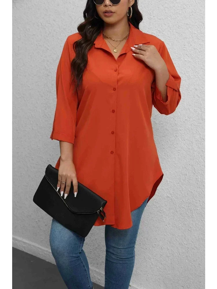 Plus Size 1XL5XL Fashion Womens Solid Color RollUp Sleeves TurnDown Collar Blouse Ladies ButtonUp Casual Chic Top Shirt 250515