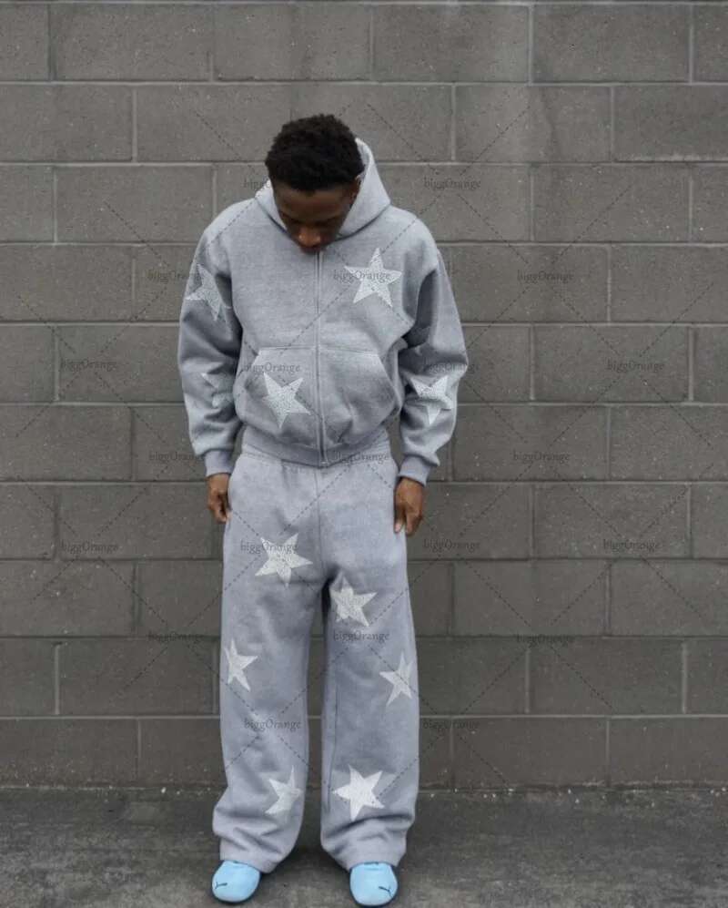 High Street Clothing Fashion Star Pattern Casual Loose Men Set American Retro Haruku Y2K Punk Oversized Sweatshirt
