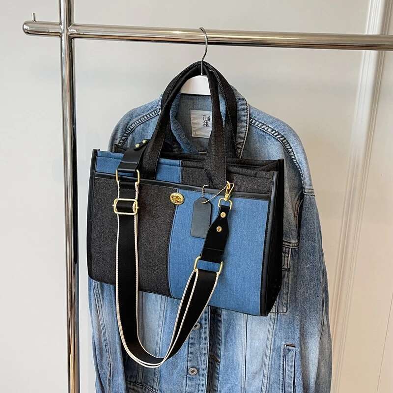 Large Capacity Handbag For Women In 2024, New Fashionable Patchwork Denim Work And Commuting Bag, Broadband Crossbody Tote Bag