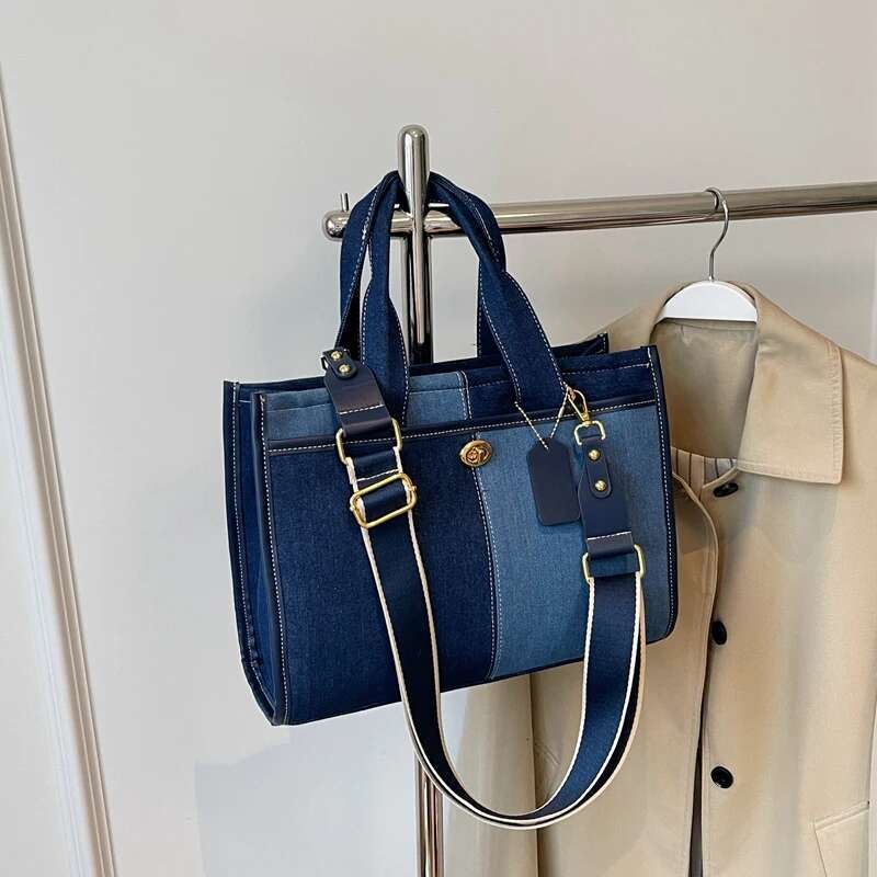 Large Capacity Handbag For Women In 2024, New Fashionable Patchwork Denim Work And Commuting Bag, Broadband Crossbody Tote Bag