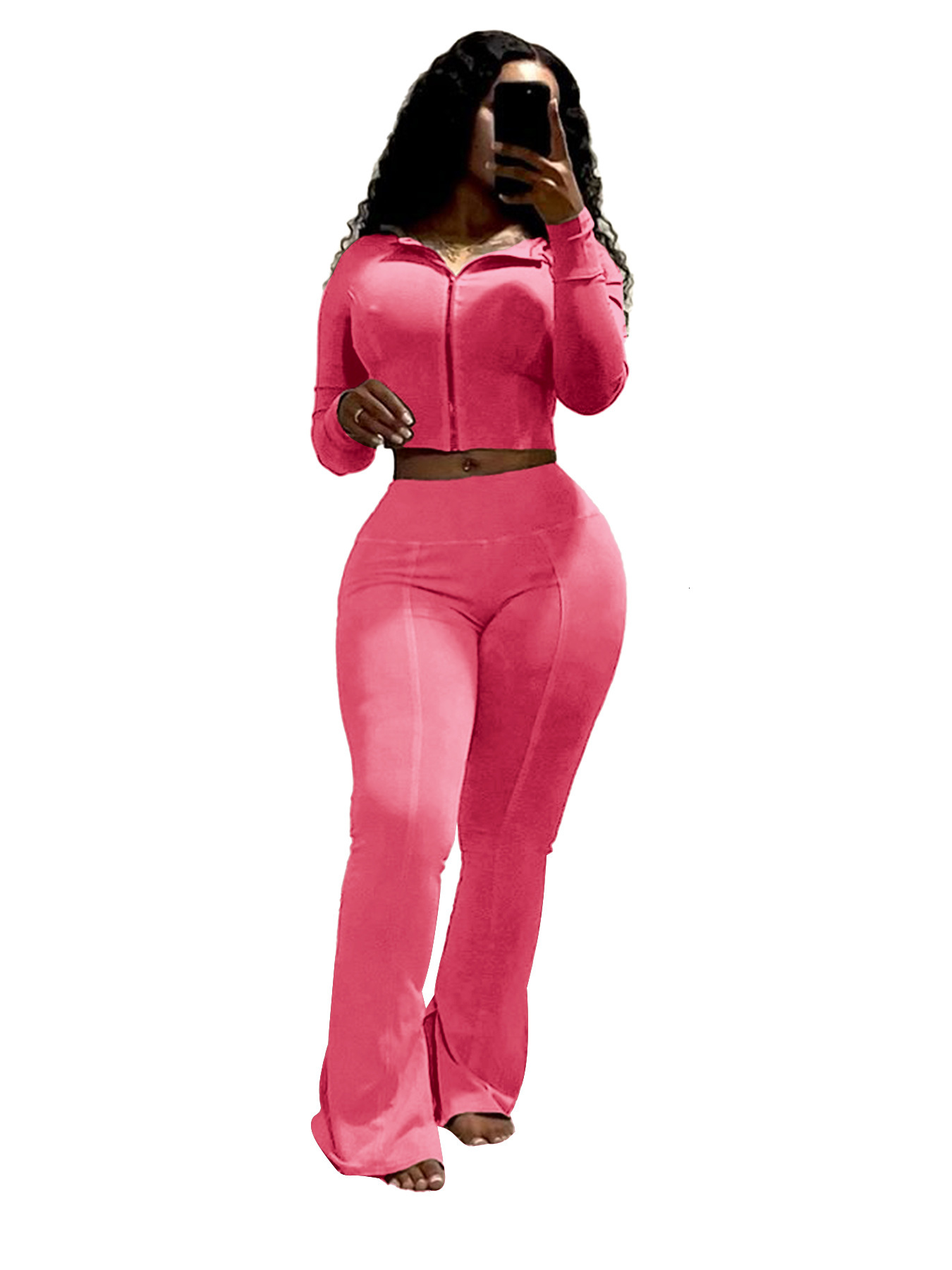 HR24063 womens washed and worn hooded flared pants two-piece casual set