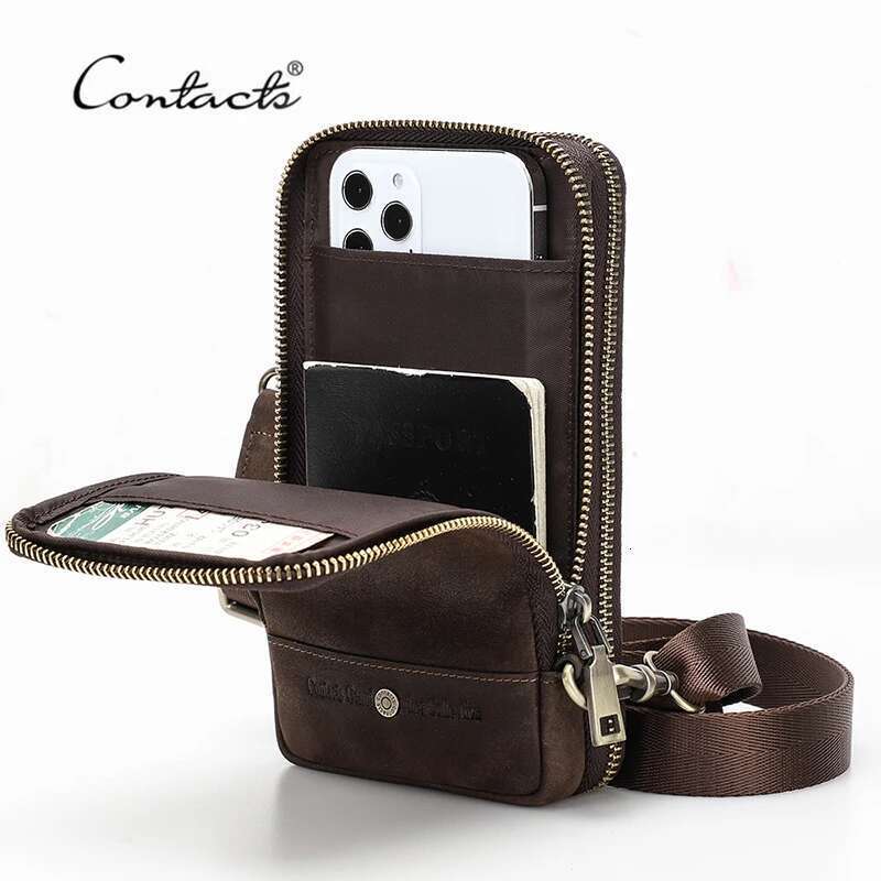 contacts mens crossbody genuine leather shoulder sling bag small messenger waist pack multifunctional long wallet for men