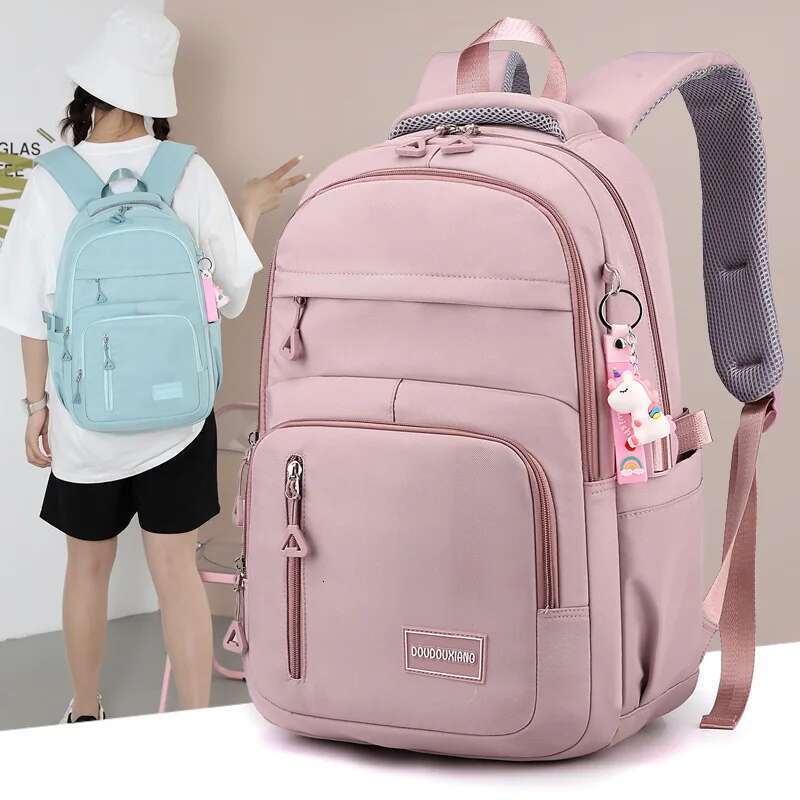 Girls School Bag With Pendant Nylon Backpack Travel Rucksack Multi Pockets Waterproof Casual Simple Style Schoolbag For Teenager