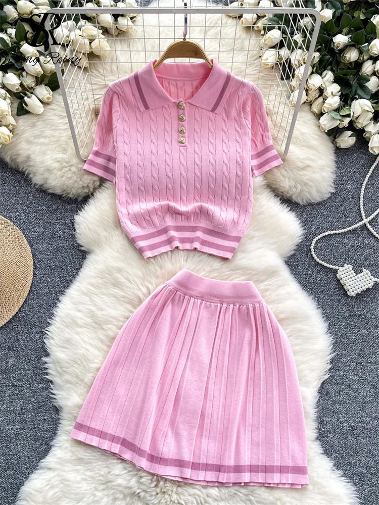 SINGREINY Summer est Knitting Two Pieces Sets Button Vintage Basic TopsHigh Waist Pleated Skirt Women Fashion 2pcs Suits 250515