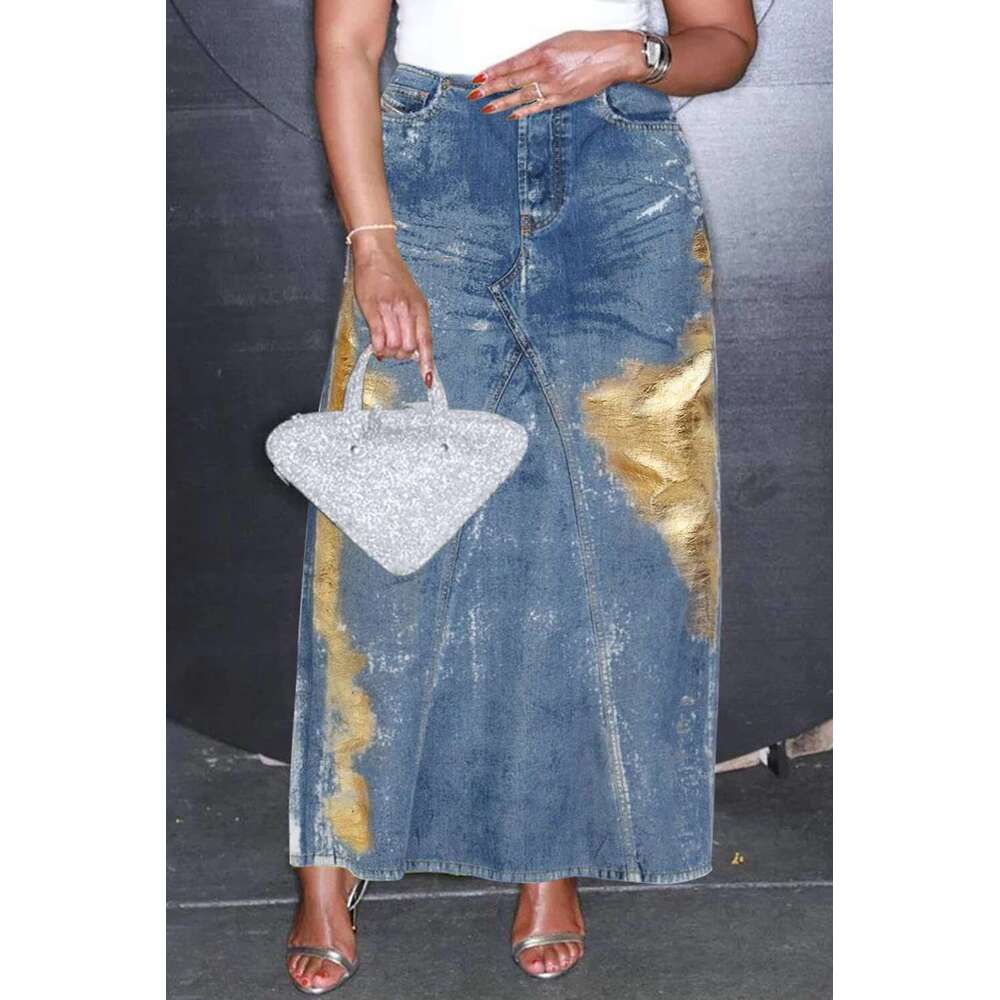 Women's Plus Size Skirt Daily Blue Metallic Coating High Waist Pockets Split Hem Casual Vintage Streetwear Long Denim Skir