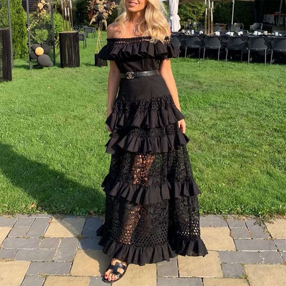 White Dress Maxi Dress 2025 Summer New Women's One Shoulder Lotus Leaf Edge Hollow Out Large Swing Lace Dress Long Skirt KQ