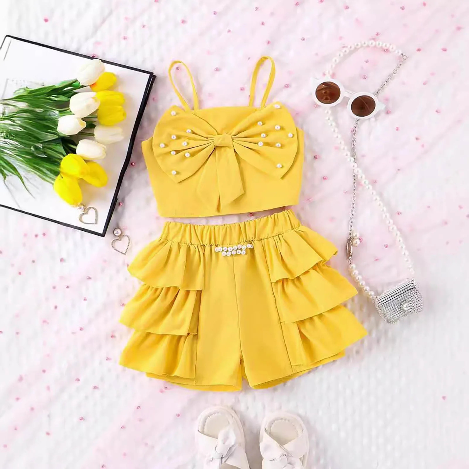 Kids Girls Summer Solid Color Suspender Sleeveless Knot Bow Vest Tops And Stretch Ruffled Shorts 2PCS Outfits Clothes For Girls 250515