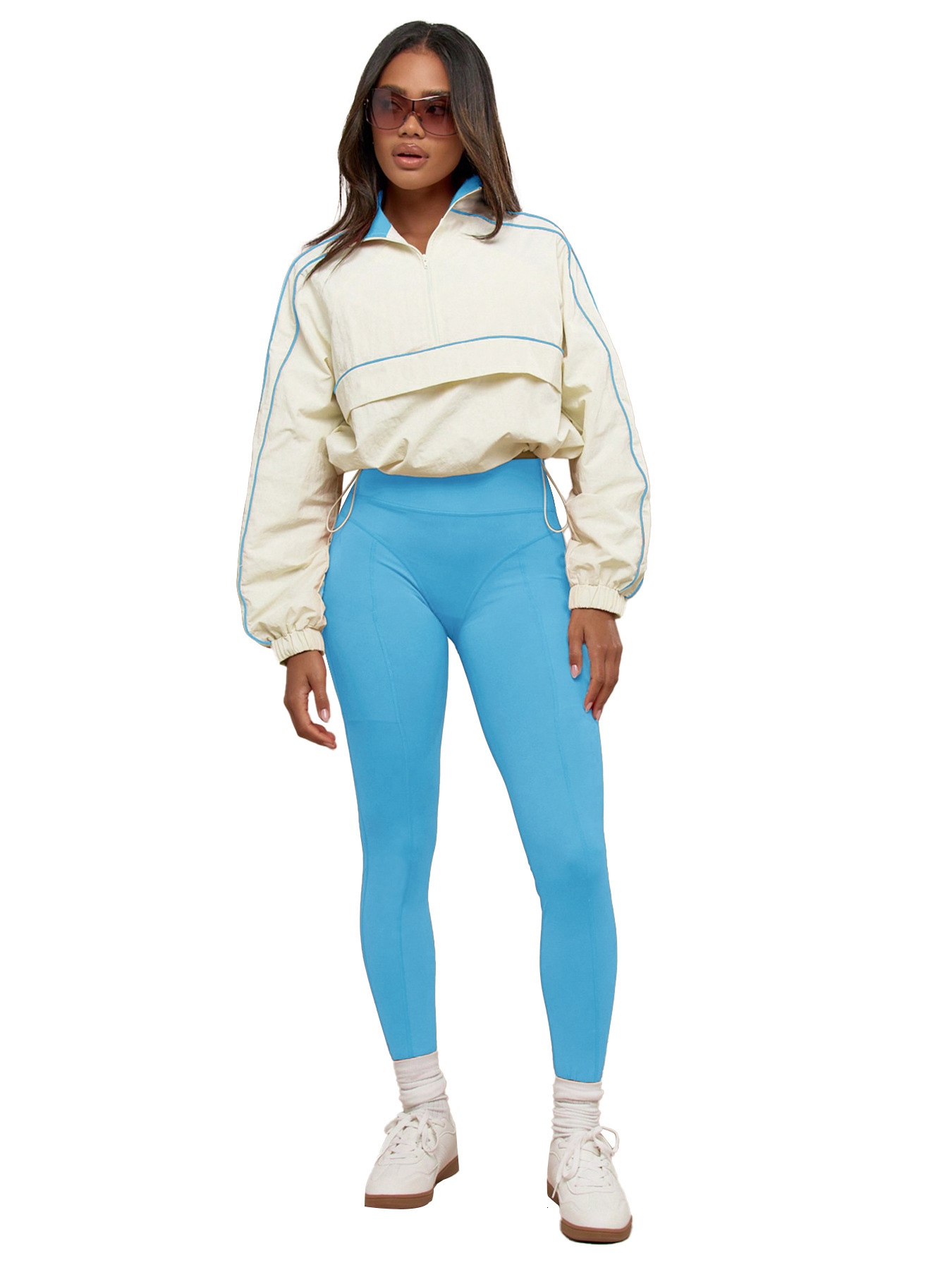 HR25081 Fashion Womens Drawstring Waist Nylon Top Yoga Pants Sports and Leisure Two Piece Set
