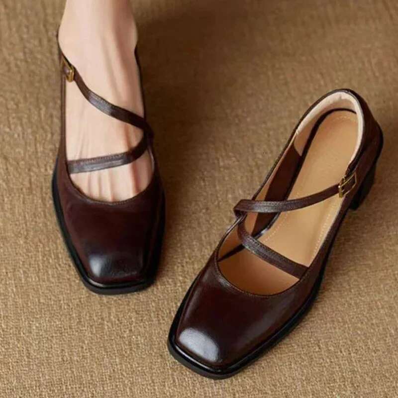 Women High Heels Marie Janes Square Toe Designer Shoes 2025 New Fashion Winter Chunky Buckle Boots Zapatos Mujer