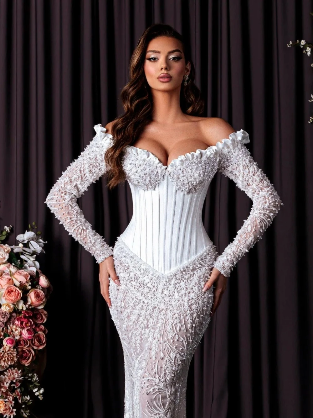 Luxurious Mermaid Wedding Dress Off Shoulder Long Sleeves Bridal Gowns Appliques Beaded Detachable Train Dresses Custom Made vestidos de novia