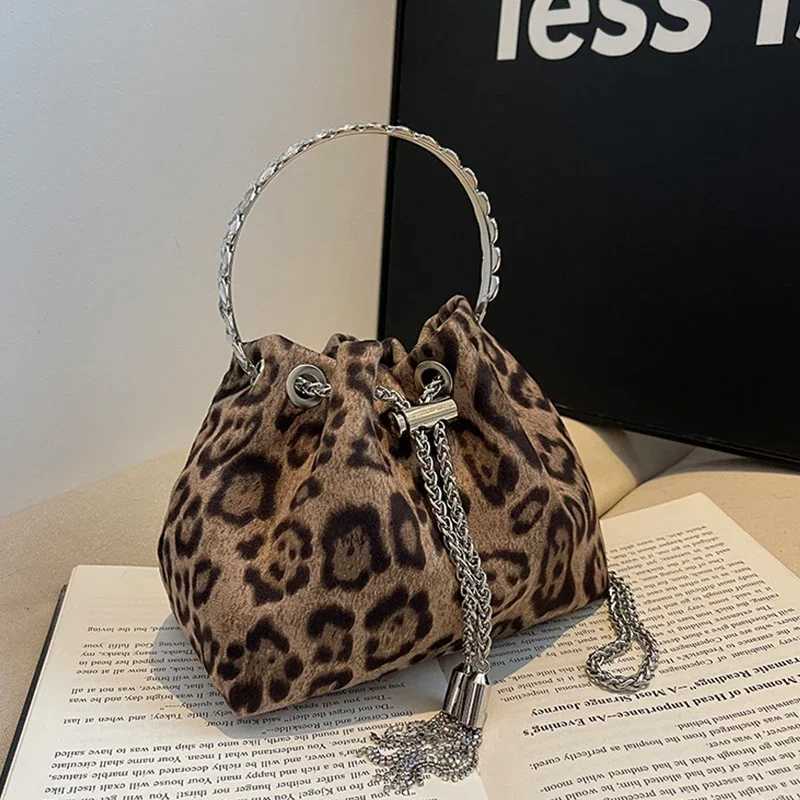 Ring Handle Rhinestones Clutch Bag Retro Leopard Handbag Luxury Party Purse Drawstring Bucket Crossbody Mini Canvas Bags BrownXJ250515