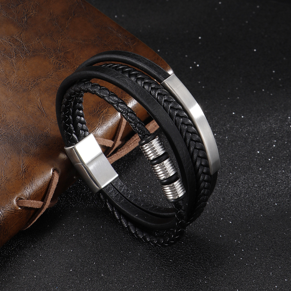 Titanium Steel Braided Men's Bracelet with Magnetic Clasp, Multi-Layer Leather and Stainless Steel Cross - Wholesale