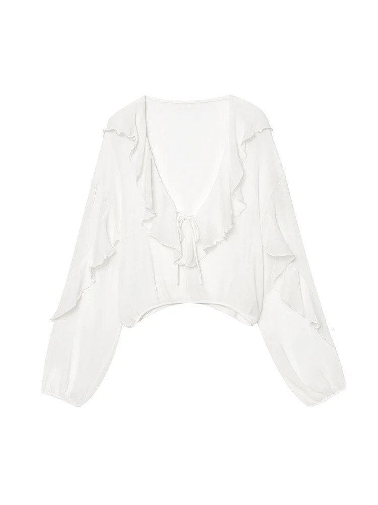TFMLN Elegant Women Ruffles Blouses Fashion Vneck Translucent Tierred Causal Shirt Tops Commute Style Solid Shirts 250515