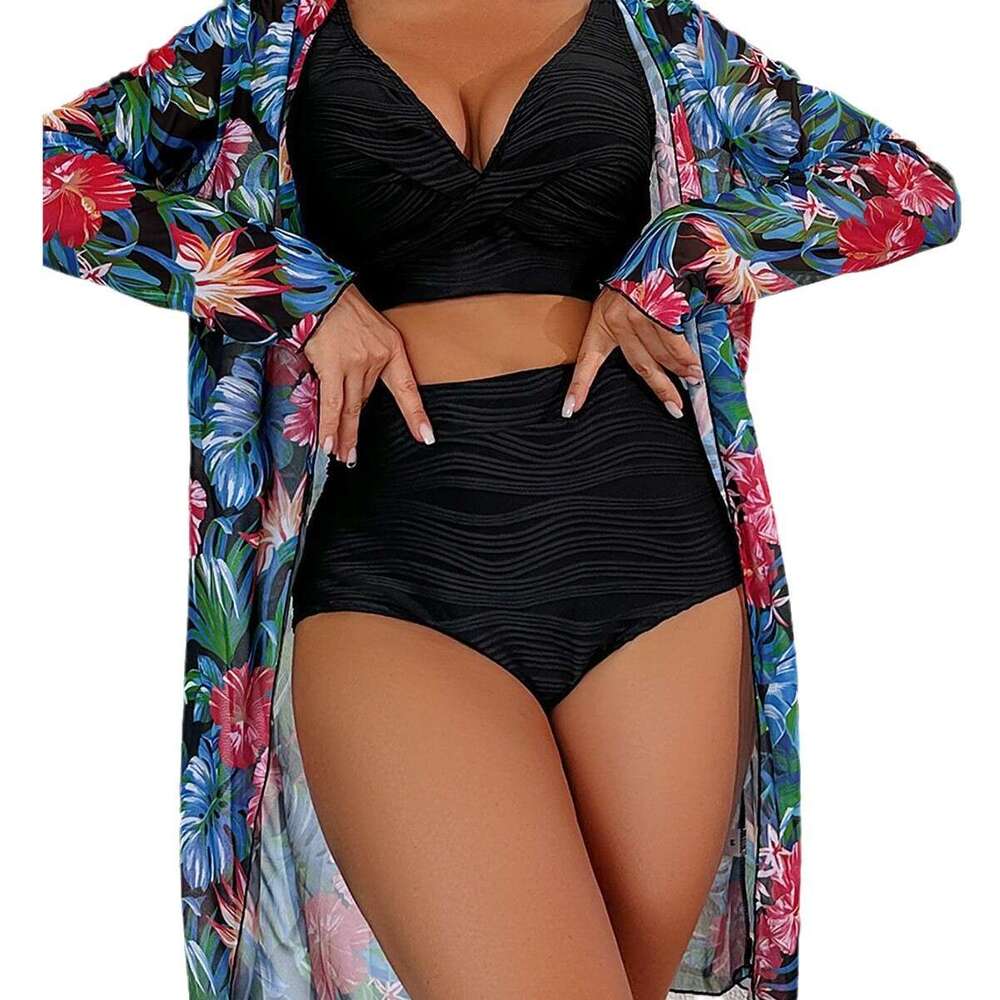 European and American high-end multi-color sexy printed bikini BIKINI three piece set women's swimsuit 2025 temperament versatile new trendy clot