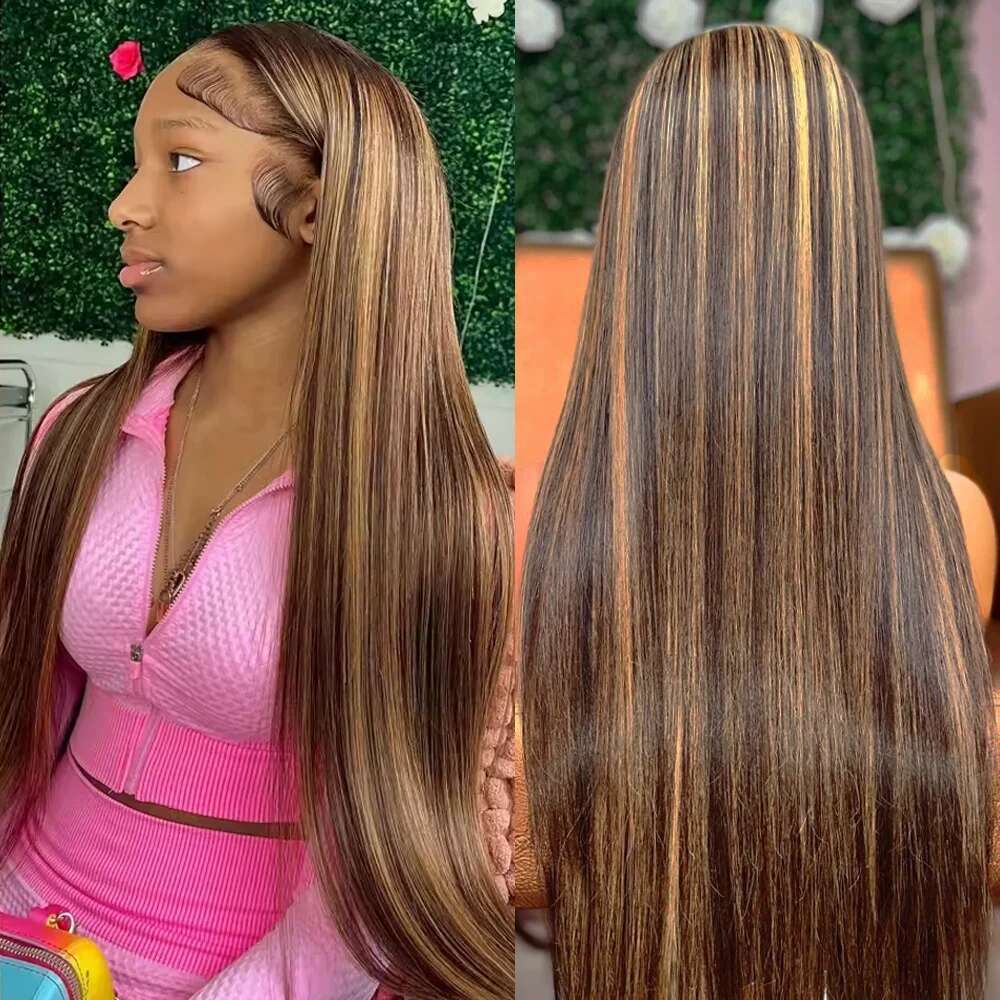 200 Density P4/27 Highlight Full Preplucked Colored Straight Frontal Wig 36Inch HD Transparent Lace Human Hair Wigs