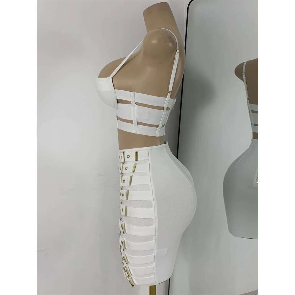 White Two Pieces Dress Set Women Sexy Square Collar Sleeveless Design Crop Top Short Skirt Suit Nightclub Birthday Clothing