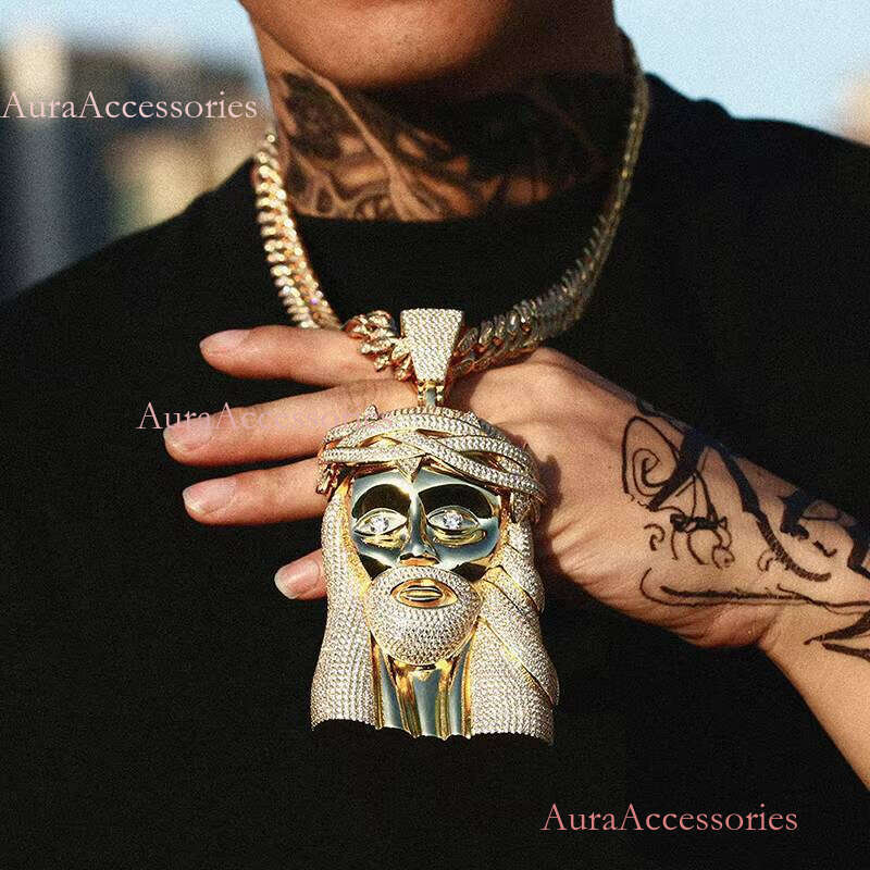 New Design Big Size Jesus Pendant Necklace for Men Hip Hop Jewelry With Rope Cuban Tennis Chain Gold Sier Cubic