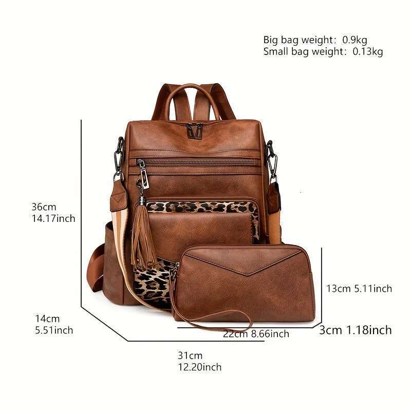 Vintage Women's Backpack Large Capacity Leopard Print Block Design With Tassel Stain-Resistant Leather