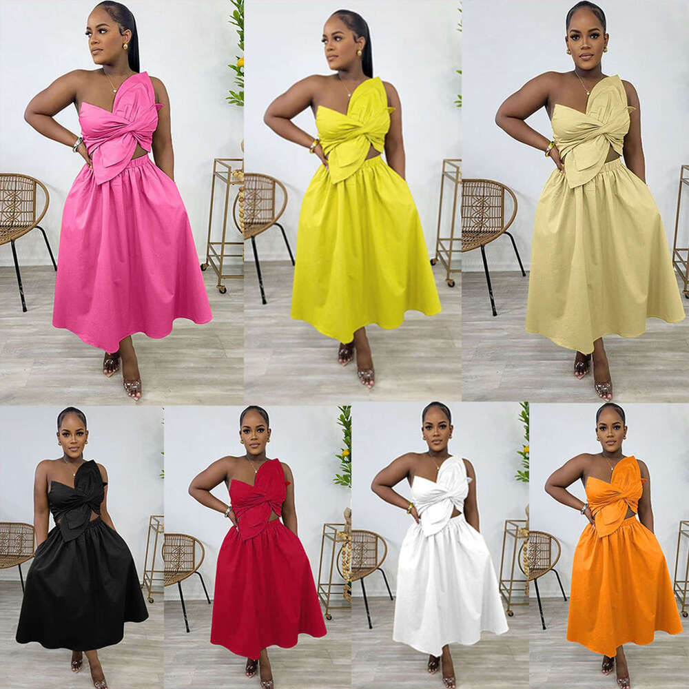 White Dress Maxi Dress S10836 Sexy Solid Color Embracing Single Shoulder Petal Hollow Dress KQ