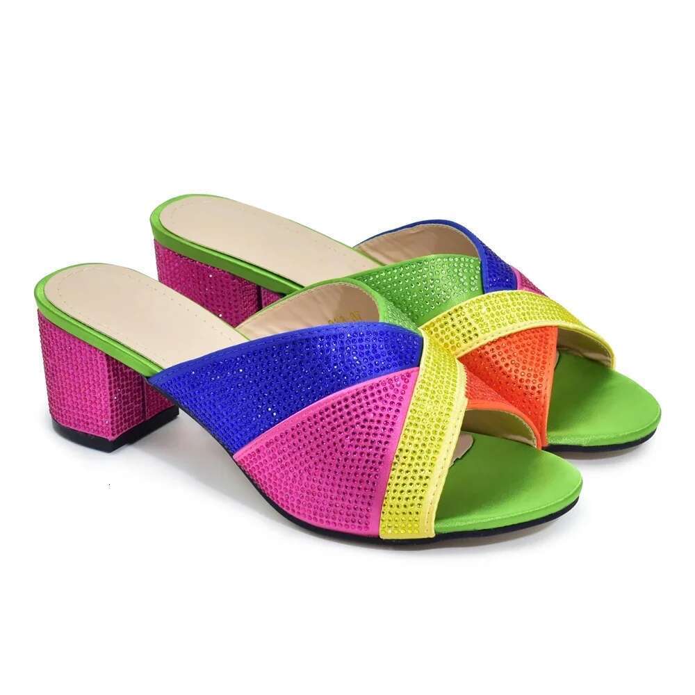Latest Design Women Rhinestone Crystal Pumps Elegant Low Heels Slippers Sandals Party African Wedding Shoes Bride