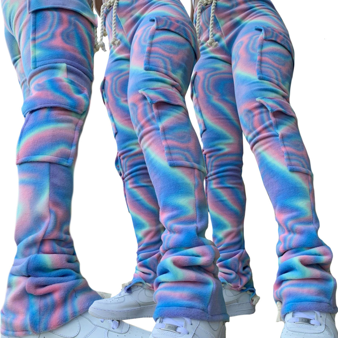 Hr8155 womens double-sided velvet printed Multi Pocket super elastic overalls with drawcord at the hem