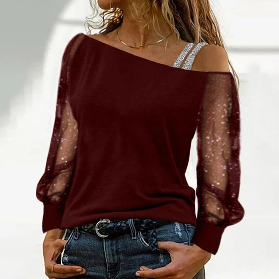 Plus Size Oversized Women Autumn Sexy Lace Mesh Long Sleeve T-Shirt Tops Ladies Off Shoulder Casual Blouse High Quality Clothing 250515