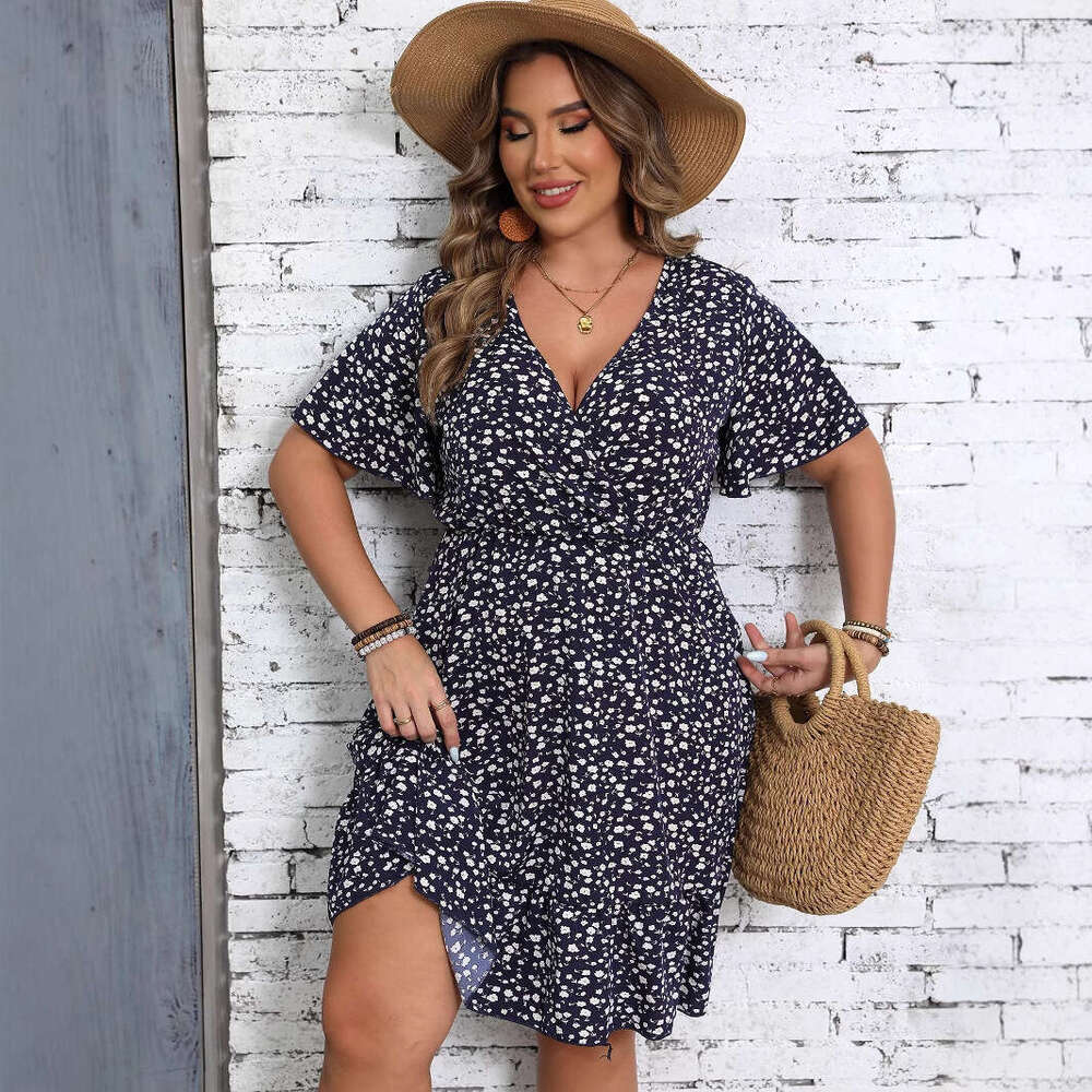Plus Size Vestidos Elegantes Women Dresses Womens Designer Clothing Maxi Dress for Women Large Size Womens Sun Summer Floral Short Sleeved Wrapped V-n