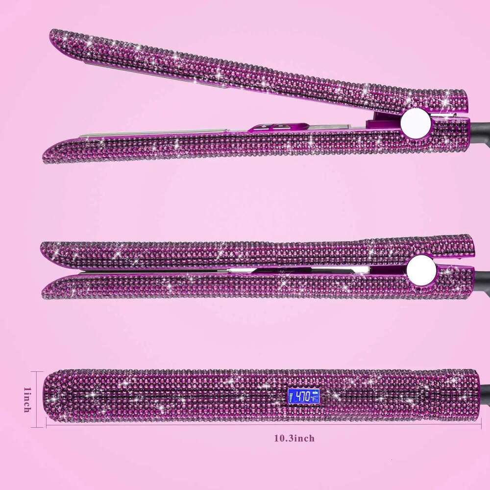 Professional Hair Straightener Titanium Flat Rhinestone Straightening Iron Salon High Heat 470F Dual Voltage LCD Display
