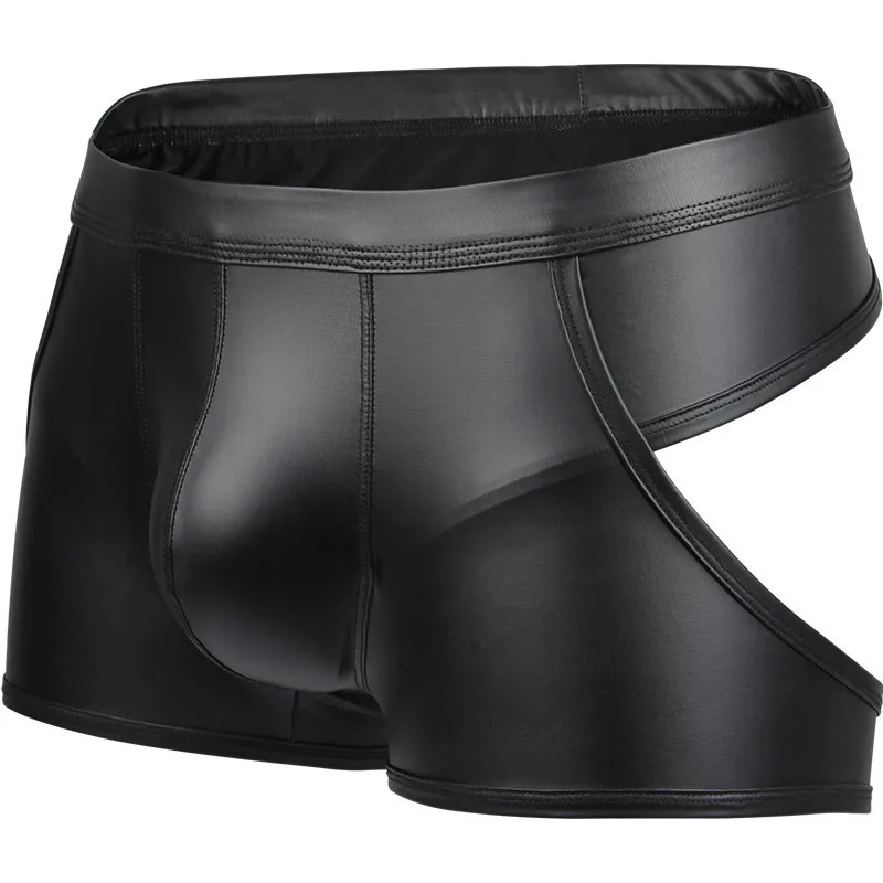 Sexy Men Hollow Boxers Male Underwear Faux Leather Open Butt Bottoms Performance Underpants Boxershorts Backless Boxer Shorts 250515