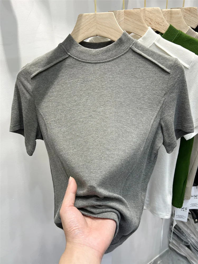 Womens T-shirts Short-sleeved Blouse Shirt Tops Office Lady Casual Vintage Camise Tees O Neck Korean Shirts for Women 250514