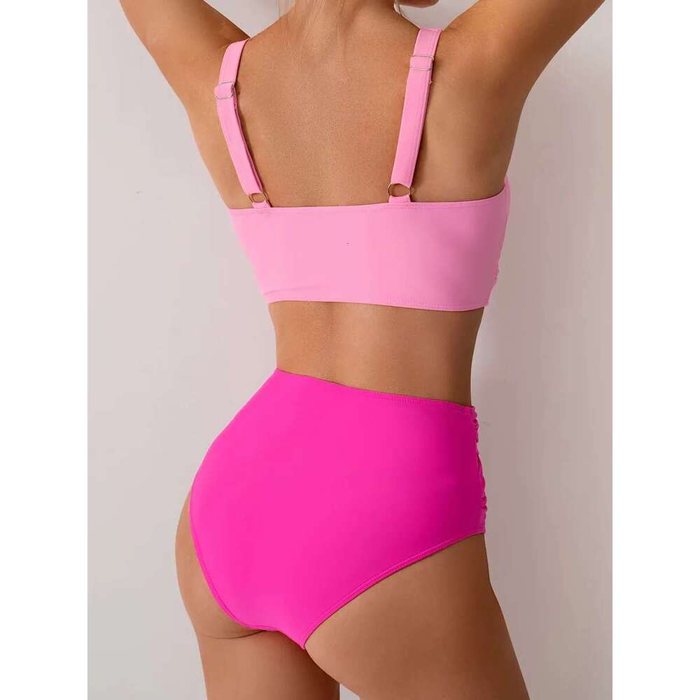 Vintage Hot Pink Patchwork Bikini Women V Neck Cross Pleate High Waist Swimsuit 2025 Holiday Bathing Suit Swimwear Large Size