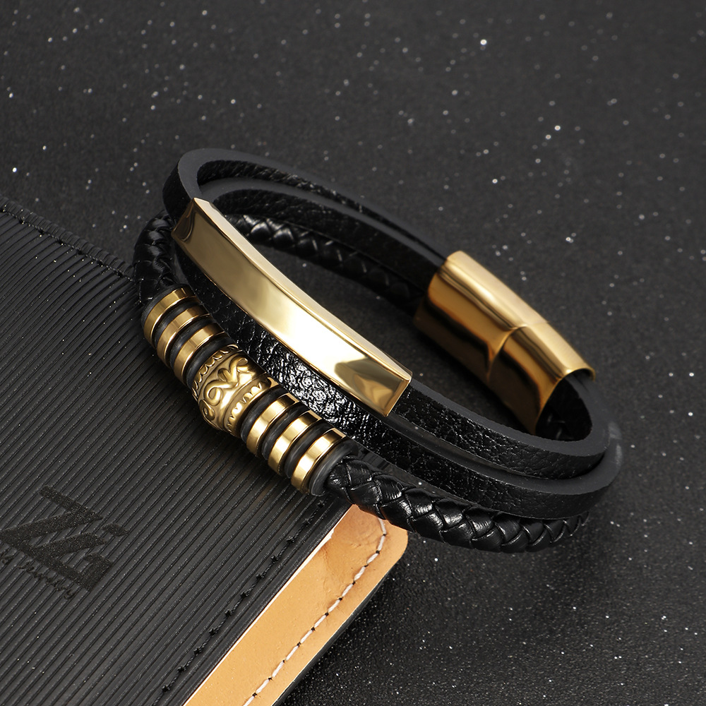 Men's Stainless Steel Vintage Leather Braided Bracelet with Magnetic Clasp, Multi-layered Design for Stylish Accessories - Wholesale