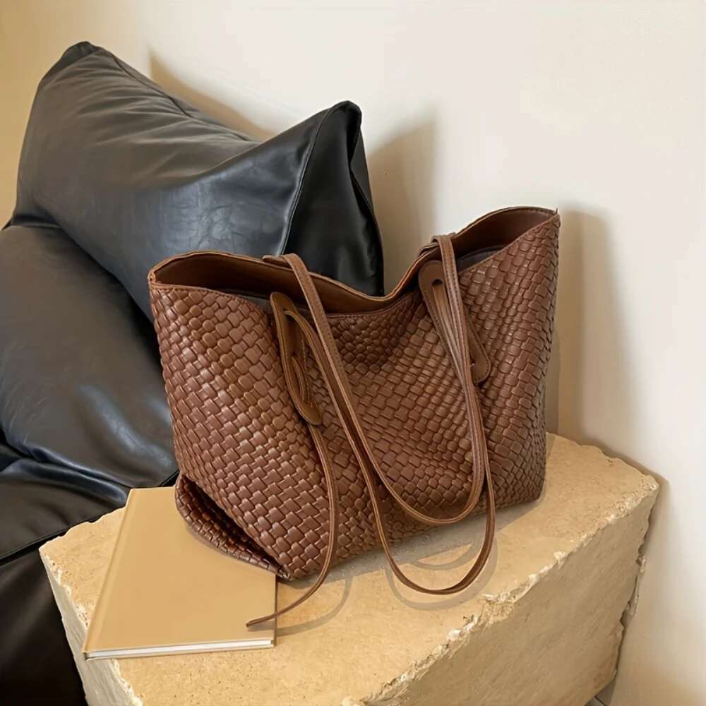 Large PU Leather Tote Bag Spacious, Durable Versatile Ideal For Commuting Shopping - Trendy Woven Design & Comfortable S