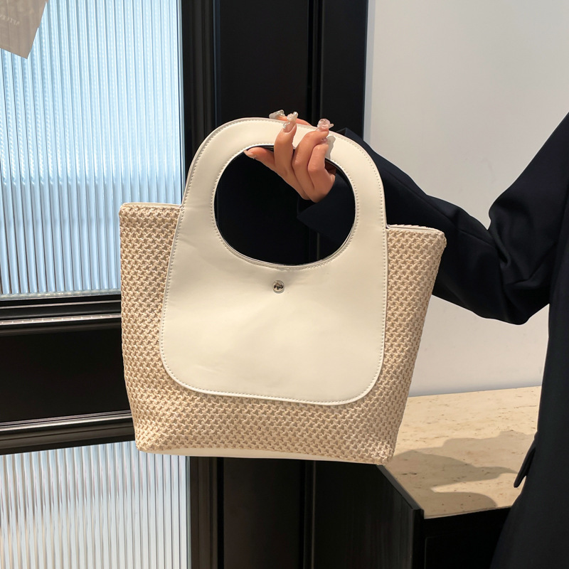 Large Capacity Women's Spliced Straw Small New Free Delivery Designer Bag Hand Woven Bag Simple And Fashionable Luxury Bag Single Shoulder Handba