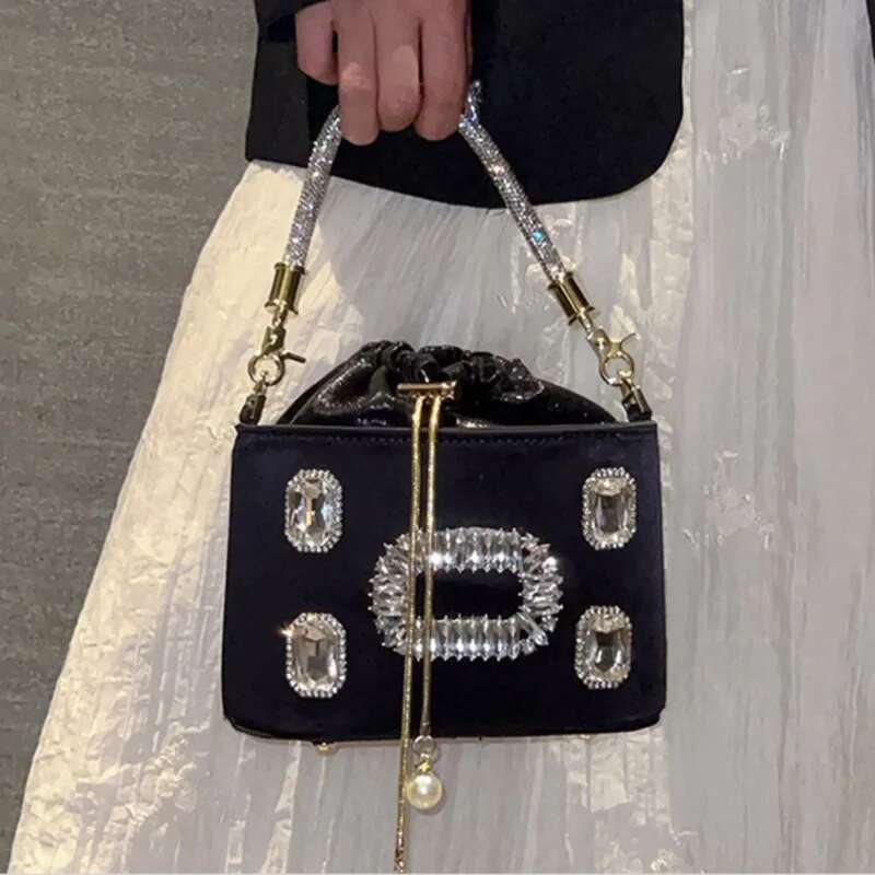 Women Bucket Handbag Crystal Shiny Rhinestones Dia Evening Wedding Party Clutch Purse Crossbody Bag