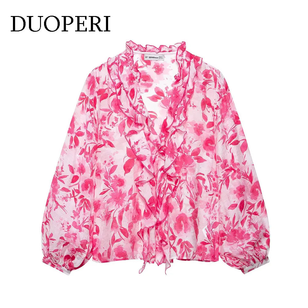 DUOPERI Women Shirts Printed Ruffled Pullover Blouse VNeck Long Sleeves Elegance Female Chic Lady 250515