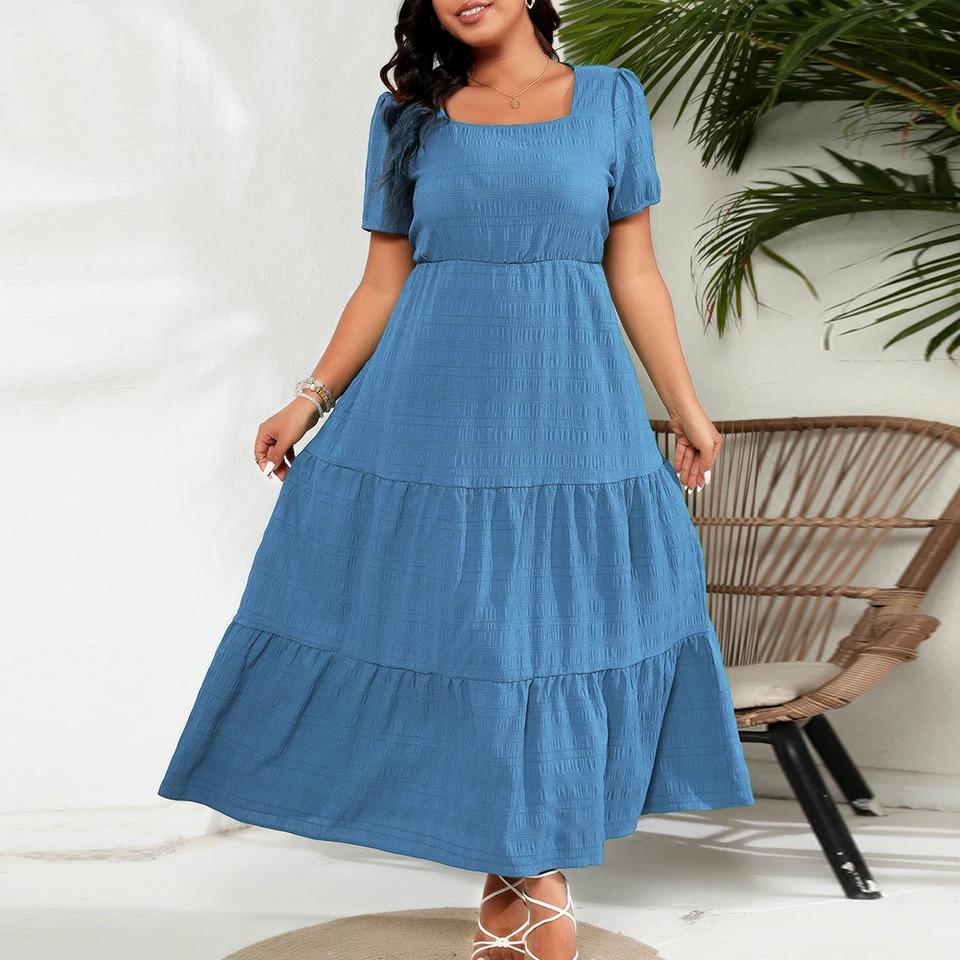 Plus Size Womens Puff Sleeve A-Lined Maxi Dress Ladies Square Neck Pockets Summer Beach Holiday Sundress 0XL 1XL 2XL 3XL 4XL 250509