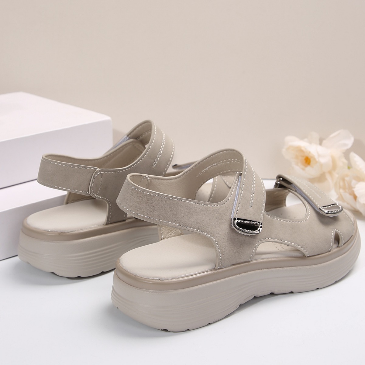 New Leather Thick Bottom Women S Sports Style Casual Shoes Slope Heel Lightweight Velcro Large Roman Sandals Ddmysaturn