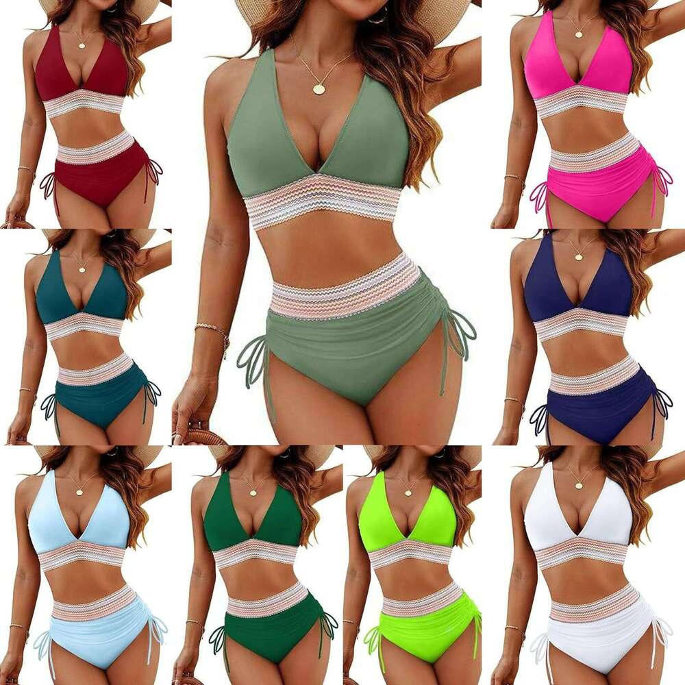 European American women's bikini high waist split color matching set with drawstring gathered belly swimsuit manufacturer directly supplies new c