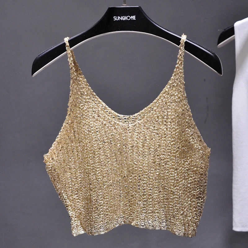 Sparkling Sequins Half Waist Render Knitwear Hollowout Is Sexy Condole Top Cropped Streetwear Woman Tops Summer 250515