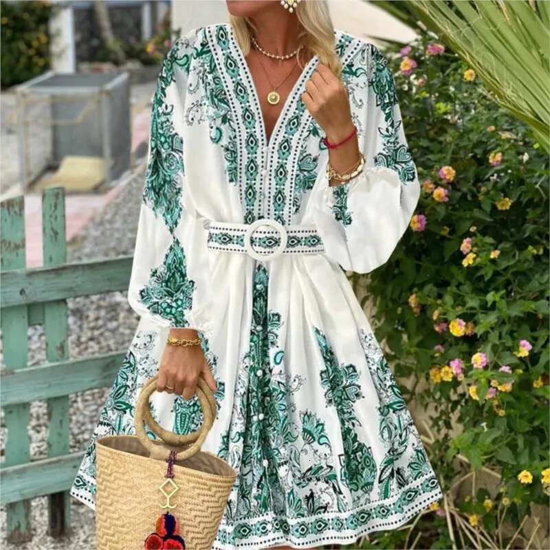 Autumn Women's Fashion V-Neck Long Sleeved Bohemian Printed Retro Lantern Sleeve Chinese Style Blue White Porcelain Dress
