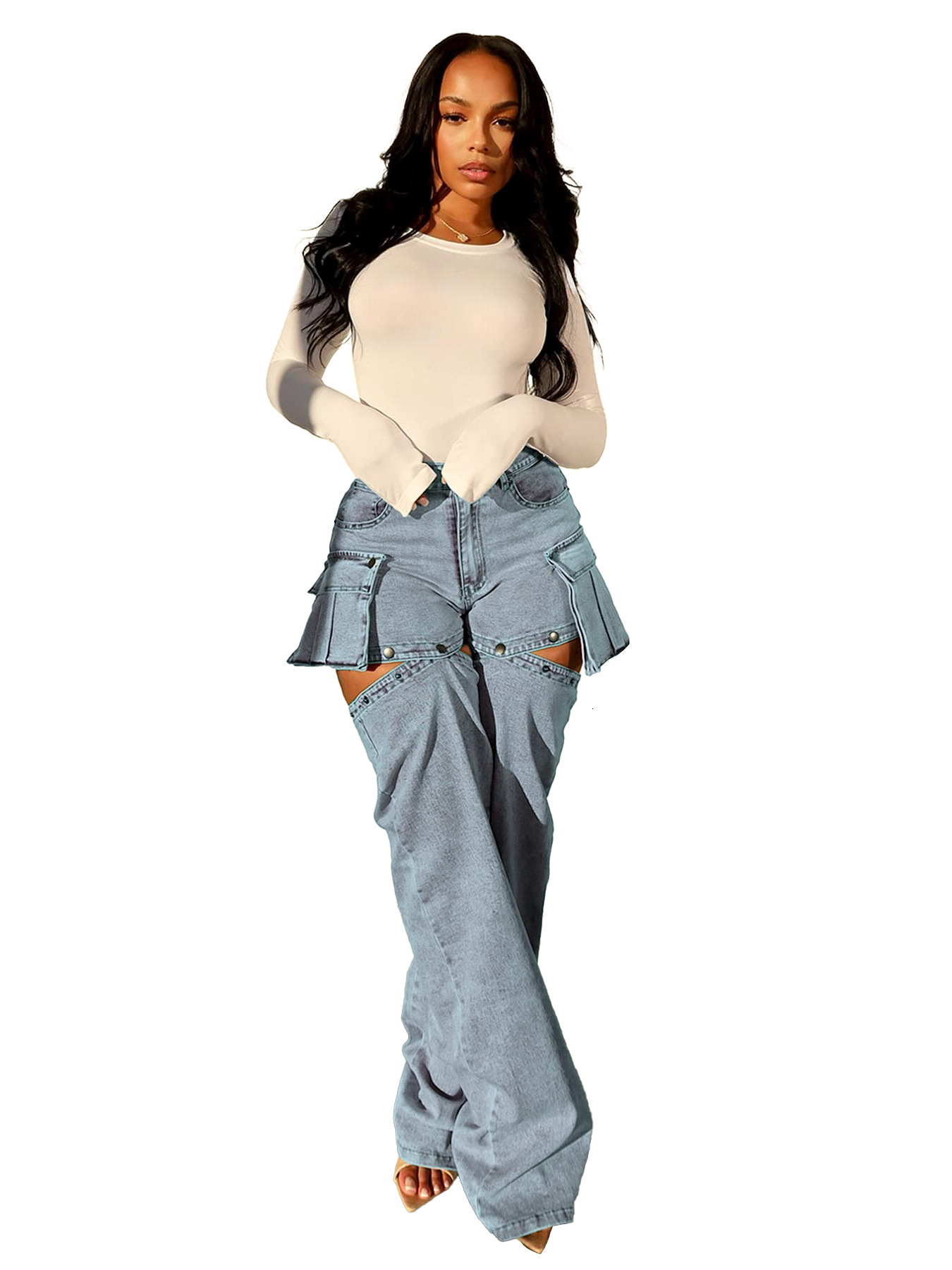 HR88007 Fashion Womens Detachable Leg Stretch Denim Multi Wear Shorts Pants
