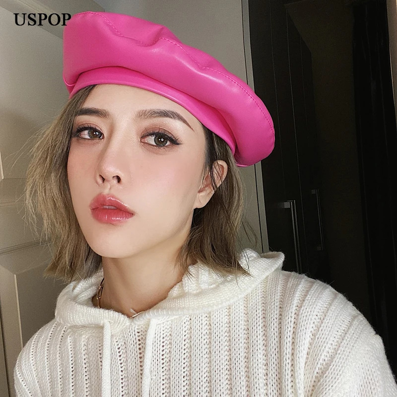 USPOP Autumn Winter Hats Women Berets Solid color PU Leather Beret Hat Rose red Berets 250514